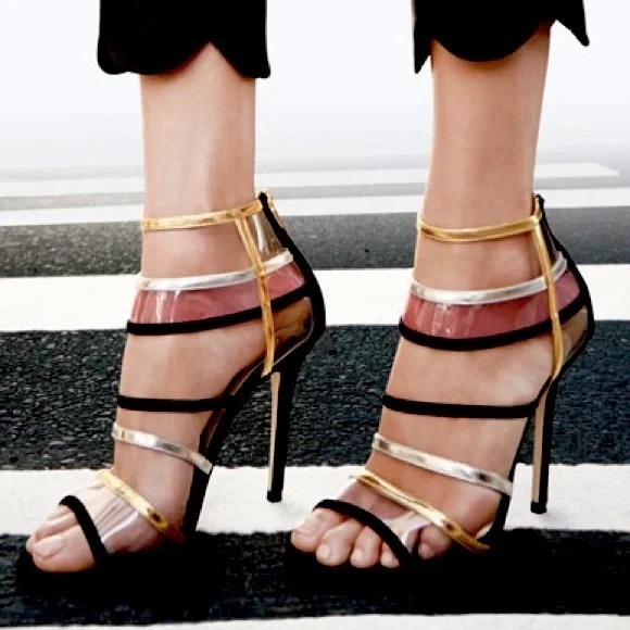 Jimmy Choo 38 MAI TAI in Black Suede Leather Strappy PVC Gold Silver Heels - Picture 7 of 7